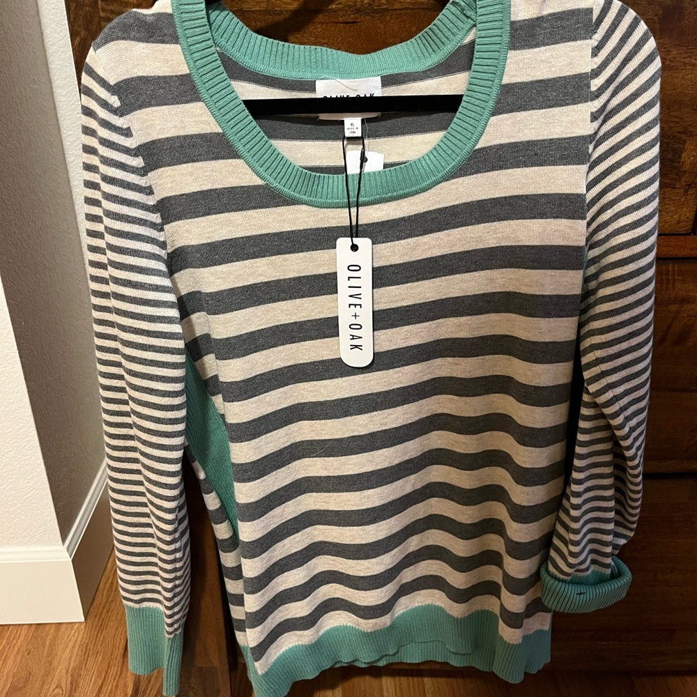 Olive & Oak Gray and Green Striped Women's Sweater XL